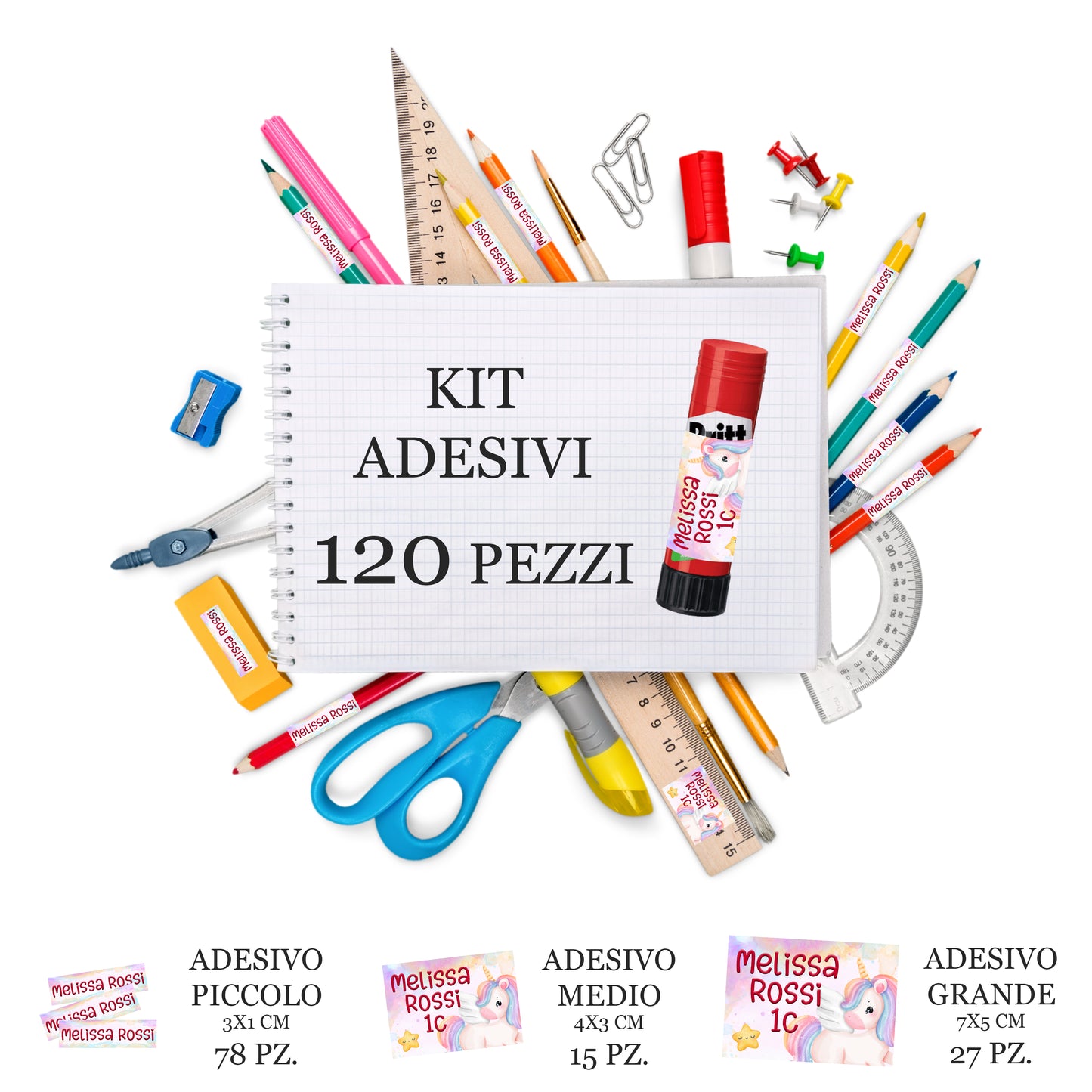 Kit adesivi personalizzati 120 pezzi.